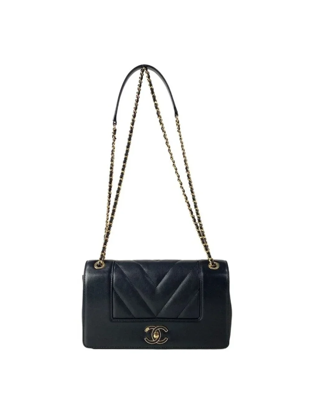 Chanel Shoulder Bag V-stitch Mademoiselle Black Chain Gold Double Flap Lambskin
